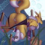 2015 anthro blue_eyes breasts butt canine clothing digimon female fox fur kevinsano looking_back magic_user mammal moon night nipples open_mouth panties pussy raised_tail renamon solo star underwear white_fur witch yellow_fur 