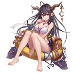  :o barefoot bikini blush breasts cleavage danua doll draph feet front-tie_top granblue_fantasy hair_between_eyes horn_ornament horns jewelry large_breasts lemoo long_hair looking_at_viewer navel open_mouth pointy_ears purple_hair red_eyes skindentation solo swimsuit 