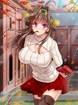  arms_behind_back autumn blush boots breasts cleavage food highres kantai_collection kongou_(kantai_collection) large_breasts long_hair looking_at_viewer meme_attire open-chest_sweater pleated_skirt pocky purple_eyes skirt solo sweater thigh_boots thighhighs turtleneck youshuu zettai_ryouiki 