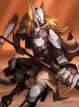 2015 ambiguous_gender anthro armor brown_background cape claws clothed clothing english_text fur green_eyes hair long_hair melee_weapon open_mouth orange_fur orange_hair polearm sergal simple_background slit_pupils solo teeth text toe_claws tongue trancy_mick weapon white_fur 