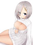  akky_(akimi1127) alternate_costume blue_eyes blush breasts cleavage_cutout hair_ornament hair_over_one_eye hairclip hamakaze_(kantai_collection) highres kantai_collection large_breasts looking_at_viewer meme_attire open-chest_sweater ribbed_sweater short_hair silver_hair solo sweater turtleneck 
