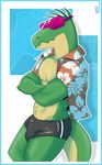  anthro bulge clothing crossed_arms dinosaur hawaiian_shirt kcee male muscular shorts shutter_shades solo super_time_force tyrannosaurus_rex zackasaurus 