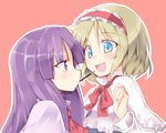  alice_margatroid blonde_hair blue_eyes blush capelet eye_contact food hairband long_hair long_sleeves looking_at_another mouth_hold multiple_girls nirap no_hat no_headwear open_mouth parody patchouli_knowledge pocky pocky_day profile purple_eyes purple_hair ribbon satou_kibi_(style) short_hair smile style_parody sweatdrop touhou upper_body 