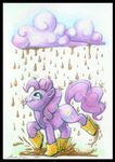  2012 blue_eyes boots chocolate_milk clothing cloud cutie_mark earth_pony english_text equine female feral footwear friendship_is_magic fur hair horse long_hair looking_up mammal my_little_pony nude painting pink_fur pink_hair pinkie_pie_(mlp) pony raining smile solo text tongue tongue_out touchofsnow traditional_media_(artwork) 
