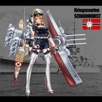  absurdres black_legwear blonde_hair blue_eyes boots breasts character_name cleavage cleavage_cutout eyeshadow gloves hat highres kriegsmarine large_breasts makeup mecha_musume military military_vehicle namesake nazi_war_ensign official_art personification rail_(silverbow) rigging scharnhorst scharnhorst_(zhan_jian_shao_nyu) ship solo thigh_boots thighhighs warship watercraft white_footwear white_legwear zhan_jian_shao_nyu 