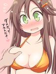  bikini blush breast_grab breasts brown_hair celebi_ryousangata cleavage fang flying_sweatdrops grabbing green_eyes hair_ornament hairclip heart himekawa_yuki idolmaster idolmaster_cinderella_girls large_breasts long_hair open_mouth orange_bikini simple_background solo_focus swimsuit translation_request upper_body 