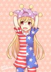  :d american_flag_dress american_flag_legwear bad_id bad_pixiv_id blonde_hair clownpiece dated hat highres jester_cap long_hair niwatori_(shimatori042) open_mouth pantyhose red_eyes smile solo star starry_background striped striped_legwear touhou twitter_username 