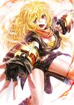  black_gloves blonde_hair boots breasts cleavage cropped_jacket fingerless_gloves gauntlets gloves knee_boots lain large_breasts long_hair looking_at_viewer midriff navel open_mouth pink_eyes rwby scarf shorts solo yang_xiao_long 
