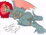  blue_scales bound breasts demona ear_piercing english_text female gargoyle gargoyles hair humanoid nipples piercing red_hair rena_tamer scales simple_background solo text white_background wings yellow_sclera 