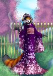  anthro blossoms clothing female flower garden japanese_clothing keisha_makainn kimono mammal pipe plant red_panda sakura_blossoms smoke 