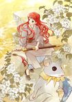  1girl bird chinese_clothes cliff flower full_body green_eyes inariyama juuni_kokuki nakajima_youko rakushun rat red_hair scarf sitting suiguutou_(juuni_kokuki) sword weapon 