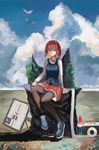  absurdres bad_id bad_pixiv_id bird blue_eyes cloud day garden_gnome highres igugugugu pantyhose red_hair school_uniform seagull shoes sign sitting sneakers solo toilet_paper 