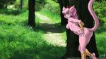  against_tree anthro armor bent_over bracers breasts dr_comet feline forest fur hair looking_at_viewer mammal meeya outside pink_fur pink_hair rpg_densetsu_hepoi smile solo tree 