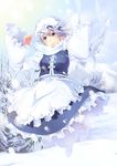  absurdres apron blouse blue_eyes boots etm_(75220988) hat highres letty_whiterock long_sleeves mountain purple_hair scarf short_hair skirt smile snow solo sunlight touhou tree vest 