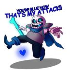  &lt;3 armor blue_eyes bone boots cape chubby clothing dialogue english_text footwear glowing male open_mouth popcornpr1nce role_reversal sans_(undertale) skeleton smile solo text undertale video_games 