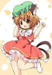  animal_ears artist_name brown_eyes brown_hair cat_ears cat_tail chen commentary_request dress fang green_hat hat jewelry mob_cap multiple_tails nekomata open_mouth pila-pela red_dress short_hair short_sleeves single_earring solo tail touhou two_tails white_legwear 