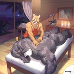  biceps big_muscles butt canine cougar dog duo eyes_closed feline hound_(character) lying male male/male mammal massage mixvariety muscular nude on_front standing 