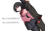  1girl araragi_koyomi back-to-back black_eyes black_hair gakuran hammer_(sunset_beach) monogatari_(series) oshino_ougi owarimonogatari pantyhose school_uniform short_hair skirt sleeves_past_wrists translated 