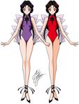  bare_legs bishoujo_senshi_sailor_moon black_footwear black_hair deimos_(sailor_moon) full_body highres leotard long_hair marco_albiero multiple_girls personification phobos_(sailor_moon) purple_eyes purple_leotard red_eyes red_leotard shoes siblings signature sisters smile standing star twins white_background 