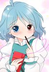  ahoge blue_eyes blue_hair blush commentary eyebrows eyebrows_visible_through_hair food heart heart_of_string heterochromia looking_at_viewer no_nose pocky pocky_day red_eyes short_hair solo tatara_kogasa touhou yuzuna99 