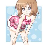 atair blue_eyes blush brown_hair casual_one-piece_swimsuit leaning_forward neptune_(series) one-piece_swimsuit pink_swimsuit rom_(choujigen_game_neptune) short_hair smile solo swimsuit 