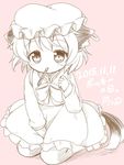  animal_ears cat_ears cat_tail chen commentary_request dated food hat jewelry long_sleeves mob_cap monochrome multiple_tails nekomata pila-pela pocky pocky_day short_hair single_earring solo tail touhou two_tails 