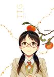  bad_source blazer blush branch brown_eyes brown_hair food food_on_head fruit fruit_on_head glasses hands_together jacket leaf low_twintails object_on_head original persimmon revision sasamori_tomoe school_uniform smile solo twintails 