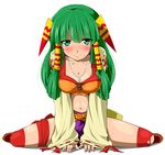  blush breasts cleavage feena_(grandia) grandia grandia_i green_eyes green_hair hair_ornament hair_tubes jewelry kayama_kenji long_hair looking_at_viewer medium_breasts midriff necklace simple_background sitting skirt smile solo wariza white_background 