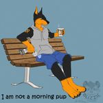  2012 anthro barefoot bench beverage black_fur blue_background blue_eyes brown_fur canine claws clothed clothing coffee doberman dog english_text food fur male mammal newspaper pawpads paws shorts simple_background sitting sweater text toe_claws touchofsnow watermark 