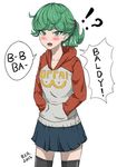  1girl alternate_hairstyle blush clothes_writing cosplay curly_hair english eyebrows eyebrows_visible_through_hair green_eyes green_hair hands_in_pockets hood hoodie one-punch_man ponytail rzr saitama_(one-punch_man) saitama_(one-punch_man)_(cosplay) skirt solo tatsumaki 