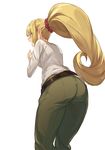  ass belt blonde_hair from_behind guchico gundam gundam_tekketsu_no_orphans kudelia_aina_bernstein long_hair pants ponytail simple_background solo very_long_hair white_background 