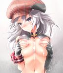  :&lt; alisa_ilinichina_amiella bare_shoulders beret between_breasts black_gloves blue_eyes blush breast_squeeze breasts breasts_outside checkered checkered_hat crop_top cum cum_on_body cum_on_breasts cum_on_upper_body facial fingerless_gloves fuyube_rion gloves god_eater gradient gradient_background hat head_tilt highres large_breasts long_hair looking_away midriff navel nipples nose_blush red_hat silver_hair simple_background solo standing suspenders sweatdrop upper_body wrist_cuffs 