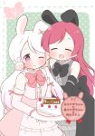  2girls :d ;&gt; ^_^ animal_ears blush bunny_ears bunny_hair_ornament cake center_frills check_translation christmas closed_eyes comic cover cover_page detached_sleeves doujin_cover dress eyes_closed food hair_ornament merry_christmas multiple_girls one_eye_closed open_mouth original purple_eyes red_hair saku_usako_(rabbit) sash smile translation_request twintails white_hair 