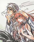  1girl aria_(guilty_gear) black_hair blue_eyes blush cigarette couple crying crying_with_eyes_open guilty_gear hand_on_another's_head hetero labcoat long_hair necktie oro_(sumakaita) red_hair smoking sol_badguy tears wavy_mouth younger 