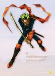  arm_guards artbook belt bodysuit breastplate character_name clenched_teeth concept_art english green_hair headband holding holding_sword holding_weapon knee_pads leaning_forward looking_at_viewer male_focus official_art shoulder_pads solo sword teeth text_focus weapon white_background wild_arms wild_arms_1 zed 
