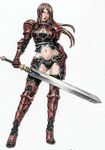  armor black_panties boots breasts brown_eyes brown_hair cleavage cleavage_cutout contrapposto floating_hair fraudir full_body gauntlets holding holding_sword holding_weapon knee_pads large_breasts long_hair looking_to_the_side navel official_art open_mouth panties shoulder_pads skirt solo standing stomach sword thigh_boots thighhighs underwear valkyrie_profile weapon white_background yoshinari_kou yoshinari_you 