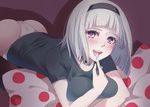  anna_nishikinomiya ass blush breasts choker hairband heart heart-shaped_pupils highres kathia large_breasts licking looking_at_viewer lying no_pants on_stomach panties polka_dot_pillow shadow shimoneta_to_iu_gainen_ga_sonzai_shinai_taikutsu_na_sekai shirt short_hair short_sleeves silver_hair solo symbol-shaped_pupils t-shirt teeth tongue tongue_out underwear 