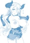  artist_name bad_id bad_twitter_id bare_legs belt blush breasts commentary draph fingerless_gloves gloves granblue_fantasy hair_over_one_eye horns huge_breasts looking_at_viewer monochrome narmaya_(granblue_fantasy) open_clothes open_shirt panties pointy_ears rkrk shirt solo twintails twitter_username underwear white_background 
