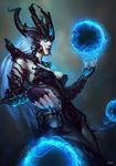  aura blue_eyes breasts cassio_yoshiyaki ear_protection energy_ball fingerless_gloves forehead_jewel forehead_protector gloves glowing glowing_eyes helmet league_of_legends lips long_hair medium_breasts nail_polish nose orb pauldrons purple_nails realistic solo syndra white_hair 