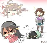  &gt;o&lt; 4girls =_= ahoge apron black_hair black_legwear blood blood_from_mouth brown_hair empty_eyes english eyewear_removed faceplant flying_sweatdrops food glasses hair_ornament hairclip haruna_(kantai_collection) headgear hiei_(kantai_collection) kantai_collection kirishima_(kantai_collection) kongou_(kantai_collection) long_hair multiple_girls no_legwear nontraditional_miko o_o outstretched_arms pot rexlent short_hair sparkle thighhighs thumbs_up translation_request tripping twitter_username wheel_o_feet 