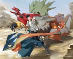  black_eyes black_hair black_pants blue_eyes conkeldurr gen_2_pokemon gen_4_pokemon gen_5_pokemon gen_6_pokemon greninja heatran heliolisk highres holding holding_poke_ball legendary_pokemon mega_pokemon mega_scizor nazgul_(5511474) open_mouth orange_eyes pants poke_ball pokemon pokemon_(creature) pokemon_trainer scizor shoes sneakers spikes tail tongue tyranitar wings 