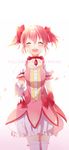  blush bubble_skirt closed_eyes commentary_request gloves ikari_(aor3507) kaname_madoka kneehighs magical_girl mahou_shoujo_madoka_magica pink_hair short_hair short_twintails skirt smile solo twintails white_gloves white_legwear 