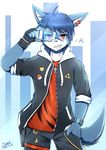  2014 animal_ears artist_name blue_hair dated furry grin highres ivan_(ffxazq) looking_at_viewer male_focus red_eyes smile solo tail 