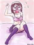  angry arm_up blush bra clenched_hand commentary_request cum cum_on_glasses facial fume glasses highres idolmaster idolmaster_cinderella_girls kamijou_haruna looking_at_viewer namioka_nishihito navel short_hair solo sweatdrop twitter_username underwear 