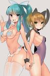  :d animal_ears bare_shoulders bikini blue_eyes blush breasts brown_hair cat_ears cat_tail detached_collar fake_animal_ears golden_sun green_eyes green_hair hair_ribbon large_breasts long_hair looking_at_viewer mary_(golden_sun) multiple_girls naso4 navel open_mouth ponytail ribbon shiba_(golden_sun) short_hair sketch small_breasts smile swimsuit tail thighhighs white_legwear wrist_cuffs 