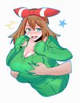  1girl blue_eyes blush breast_grab breasts brown_hair cleavage collaboration colorized deep_skin disembodied_limb grabbing grabbing_from_behind hairband haruka_(pokemon) hetero huge_breasts jontxu maydrawfag plump pokemon sleeves_past_wrists solo_focus sweater 