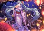  absurdly_long_hair afloat_lantern aqua_hair beads blue_eyes blush candle candlelight cityscape earrings fan floating_hair floral_print flower from_above full_body hair_flower hair_ornament hatsune_miku hiki_furisode japanese_clothes jewelry kimono lampion light long_hair looking_at_viewer looking_up miazi night night_sky o-furisode paper_fan parasol reflection ribbon sash sky smile solo standing standing_on_liquid star_(sky) starry_sky uchiwa umbrella very_long_hair vocaloid water wax white_legwear wide_sleeves 