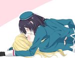  atago_(kantai_collection) black_hair blonde_hair blush closed_eyes girl_on_top hat hat_removed headwear_removed hug kantai_collection kiss long_hair md5_mismatch multiple_girls short_hair sui_(camellia) takao_(kantai_collection) uniform yuri 