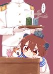  1boy 1girl :&lt; :3 absurdres admiral_(kantai_collection) animal ayakashi_(monkeypanch) binoculars brown_eyes brown_hair cup gloves hamster head_out_of_frame headgear highres kantai_collection military military_uniform naval_uniform one_eye_closed petting short_hair smile steam translated tray uniform yukikaze_(hamster) yukikaze_(kantai_collection) yunomi 