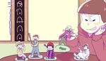  baseball_bat bowl_cut brown_hair cellphone chin_rest closed_eyes figure hood hoodie leg_hug male_focus matsuno_choromatsu matsuno_ichimatsu matsuno_juushimatsu matsuno_karamatsu matsuno_osomatsu matsuno_todomatsu mnn osomatsu-kun osomatsu-san phone robe sextuplets sitting smartphone smile solo table v 